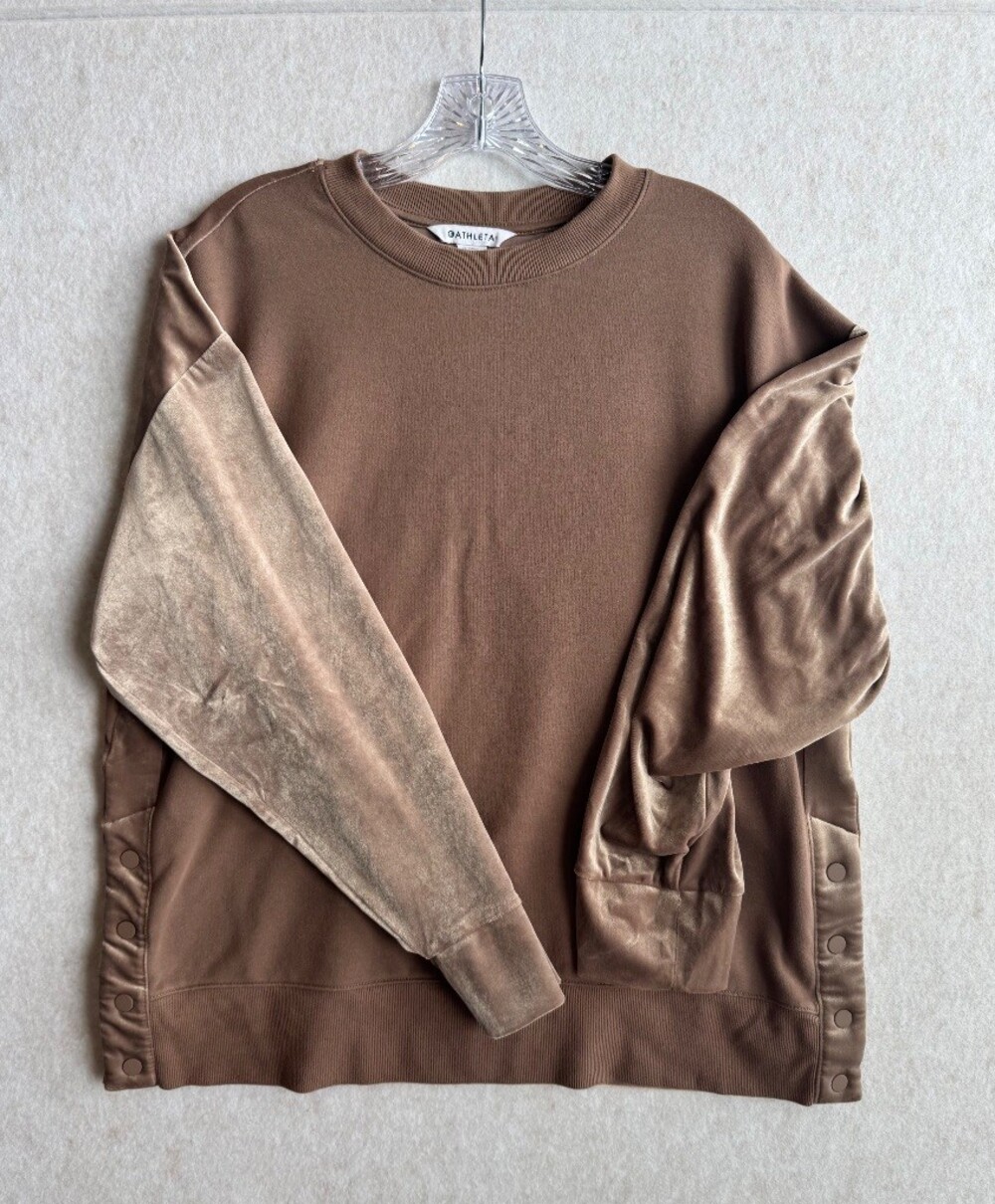 Athleta Womens L Brown Velvet Mixed Media Crewneck Sweatshirt Snap Side Pullover